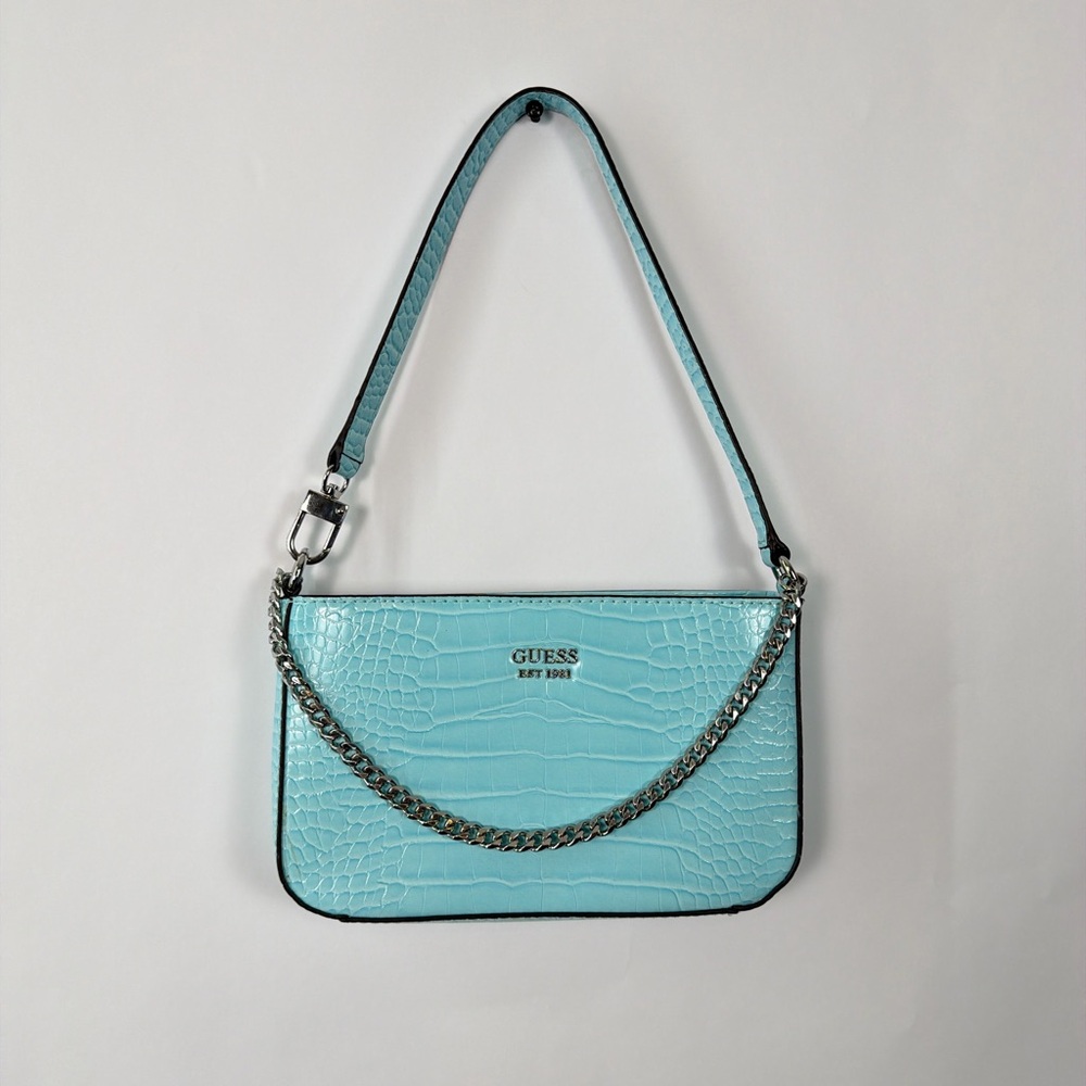 Guess‎ Y2K Light Blue Croc Embossed Shoulder Bag Chain Mini Baguette Purse